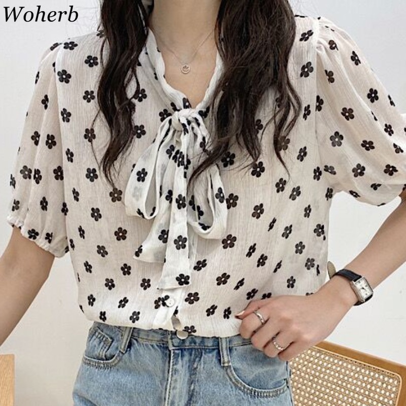 Blusas Mujer De Moda Women Blouses Sweet Bow Tie Lace-up Flower Puff Sleeve Shirt Korean Elegant Fresh Chiffon Tops 210519