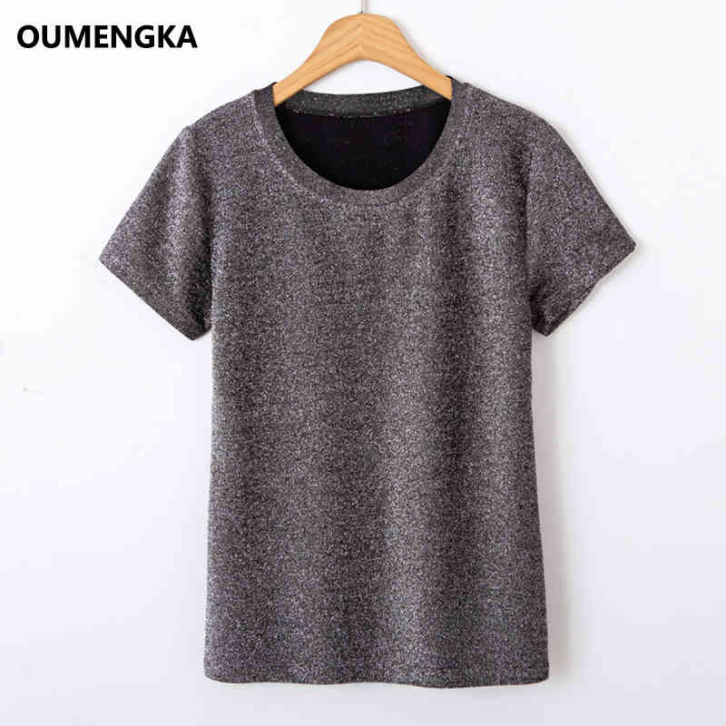 New Summer T Shirt Silver Shiny Lurex Women Casual Solid Short Sleeves Tops O-Neck Female Breathable Elasticity Tee S-3XL 210406