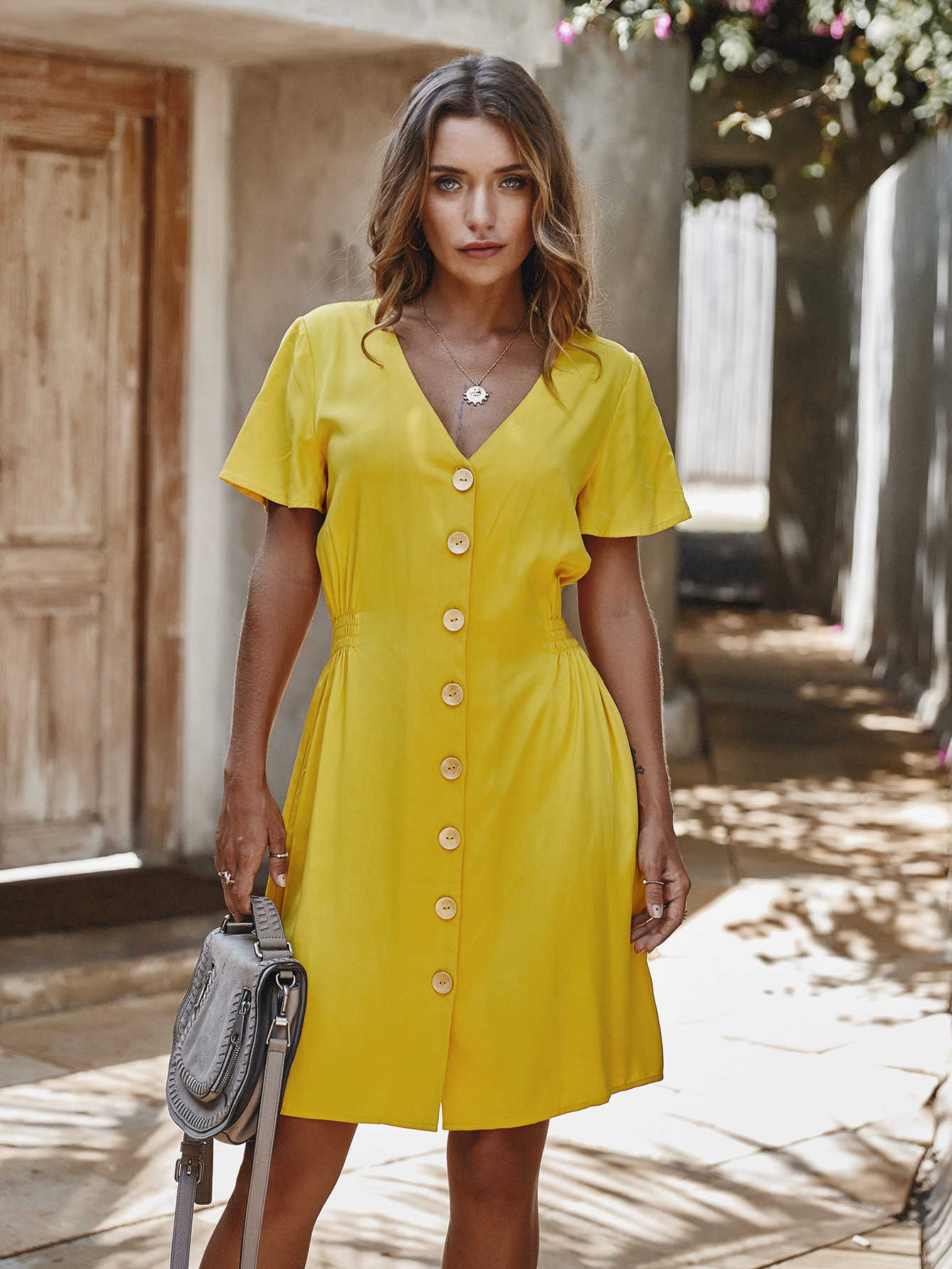 Solid Casual Button Mini Dress Women Sexy V-Neck Short Sleeve Elastic Waist Summer es Female Cotton Vestidos 210526