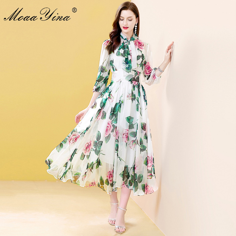Fashion ner dress Spring Summer Women Dress Bow collar Rose Floral-Print Elegant Vacation Chiffon Dresses 210524