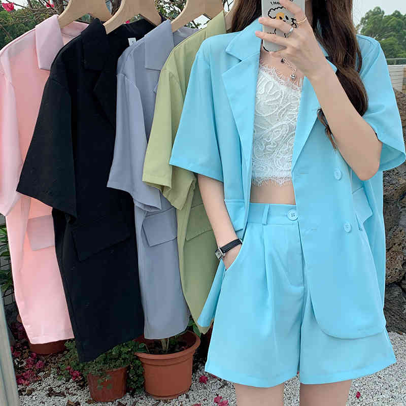 Summer Fashion Short Sleeve Blazer 2 Piece Set Korean Loose Casual Jacket Thin Elastic High Waist Shorts Suits Women Outfits 210515