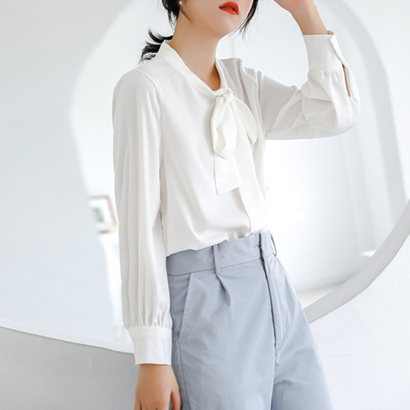 OL Elegant White Basic Shirt Autumn Career V-neck Long-sleeved Loose Chiffon Blouses Plus Size Women Clothing 210421