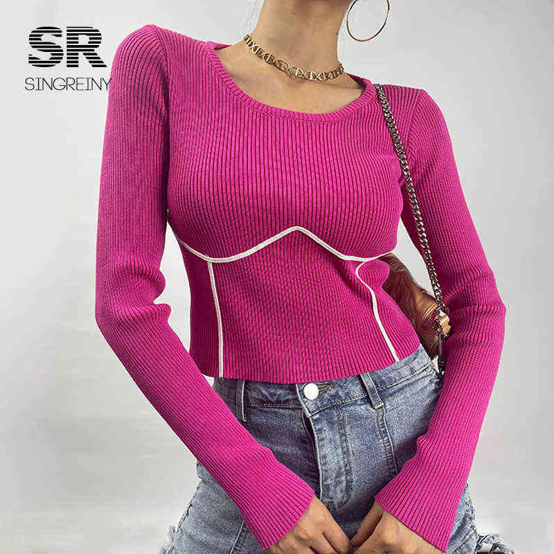 SINGREINY Women Knitted Sweater Long Sleeves O Neck Solid Elastic Slim Knit Basic Tops Autumn Casual Female Pullovers 211109
