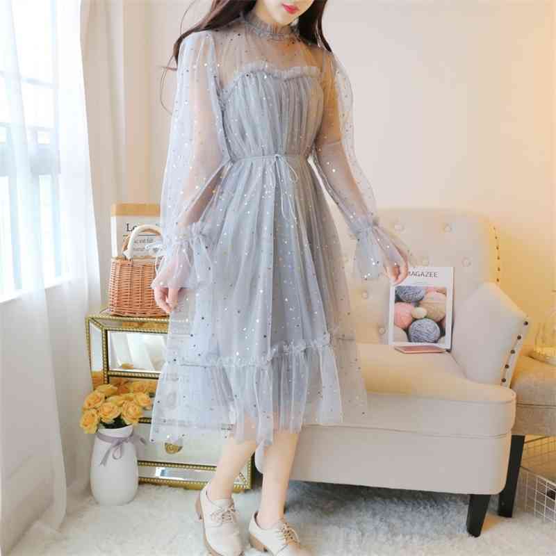 Comelsexy Fashion See Through Sequined Dresses Vestidos Varano Romantic Sexy Mesh Sweet Cute Loose Ruffles Casual Dress 210515