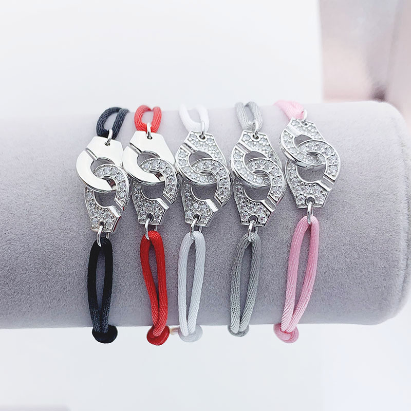 100% 925 Sterling Silver Handcuffs Bead Color Ribbon Rope Bracelet Adjustable For Men Women Couple Menottes Bangle Gift Jewelry