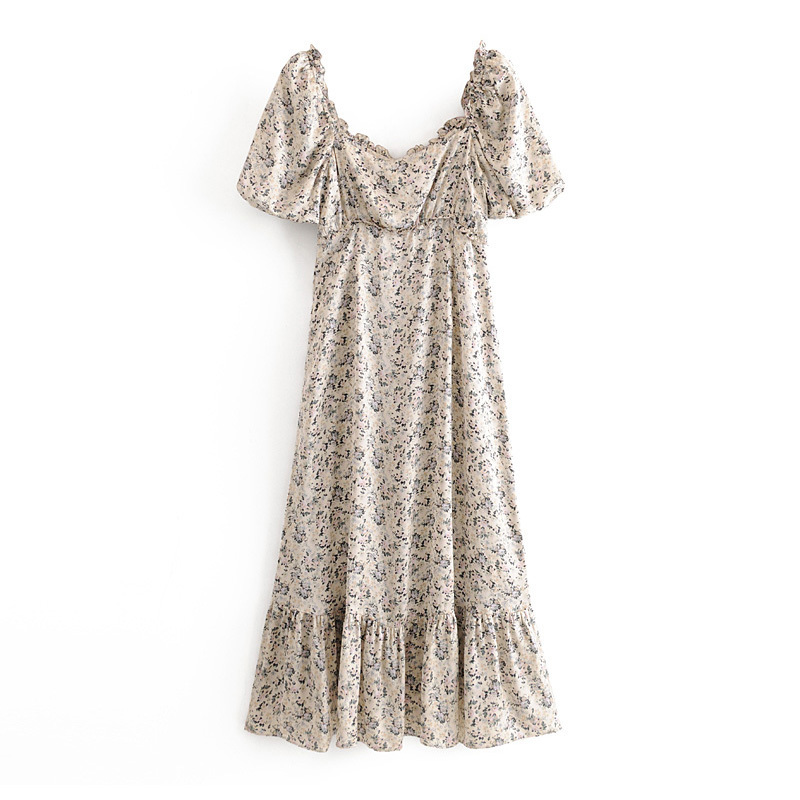 Floral Print Elegant Dress Women V Neck Vintage Midi Lantern Short Sleeve Stylish Female Pleated Vestidos De Fiesta 210515