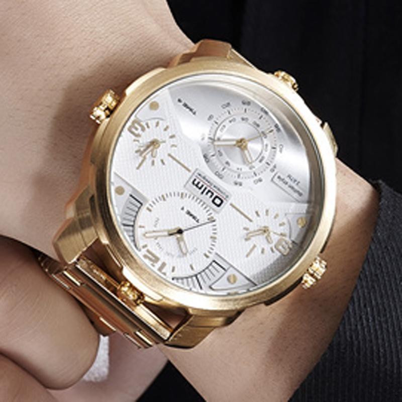 Wristwatches Oulm Men Watches Luxury Gold 4 Time Zone Stainless Steel Band Quartz Watch Big Dial Military Sports 2021, Gold black 
Wristwatches Oulm Men Watches Luxury Gold 4 Time Zone Stainless Steel Band Quartz Watch Big Dial Military Sports 2021, Gold black