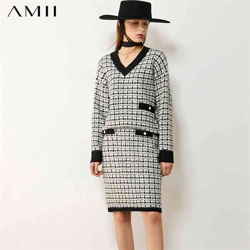 Minimalism Autumn Winter Suit Female Fashion Vneck Plaid Knitted Sweater High Waist Aline Skirt Woman 12040972 210527