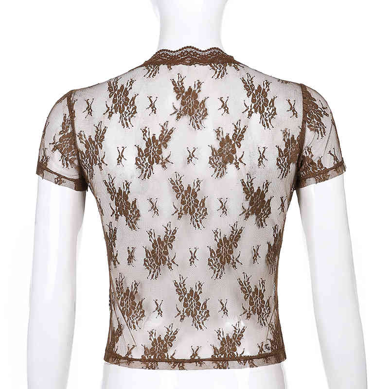 Rockmore Brown Mesh Transparent Tshirt Women Lace Up Cardigan Tops Y2K Short Sleeve Tees Shirts Streetwear Summer Sexy T-shirt 210406