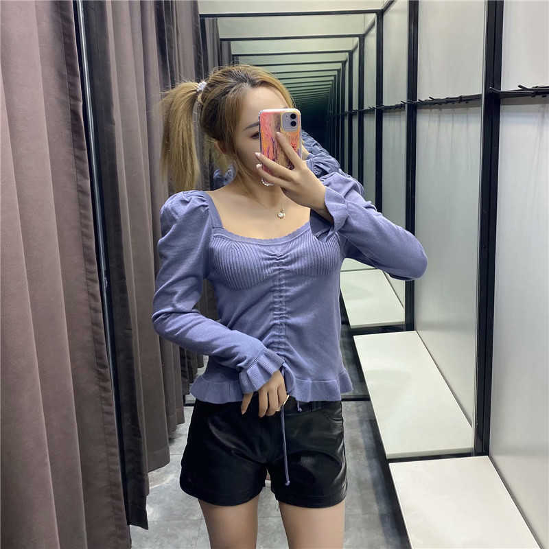 Za Ruched Knit Sweater Women Fashion Adjustable Drawstring Vintage Knitted Top Female Long Sleeve Winter Pullover 210602