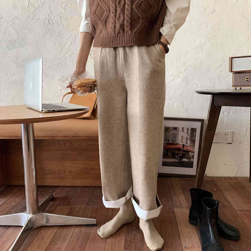 Nomikuma Causal Woolen Women Pants Autumn Winter New Stretch High Waist Ankle Trousers Korean Straight Pants Mujer 6D260 210427
