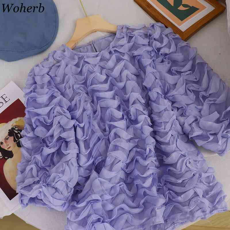 Short Bubble Sleeve Chiffon Lace Tops Women's Crew Neck Pleated Ruffle Slim Solid Color Elegant Shirts and Blouse Summer 210519