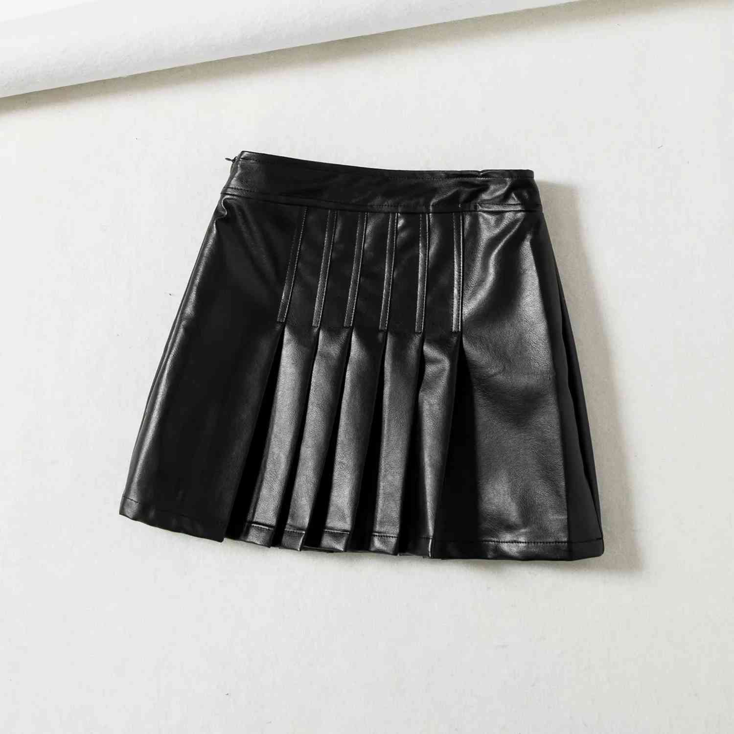 Sexy green Pleated mini Skirts womens high waist PU skirt streetwear korean leather fur fashion ladies jupe femme 210521