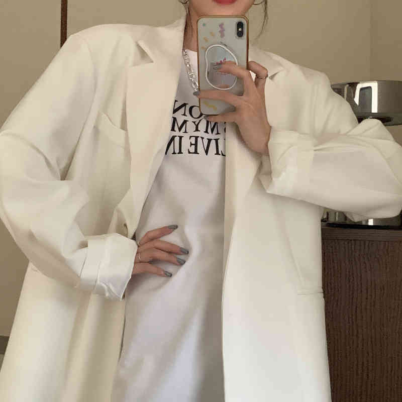 Spring Office Lady Streetwear Vintage Minimalist All Match Femme Loose Solid Jackets Casual Retro Blazers 210421
