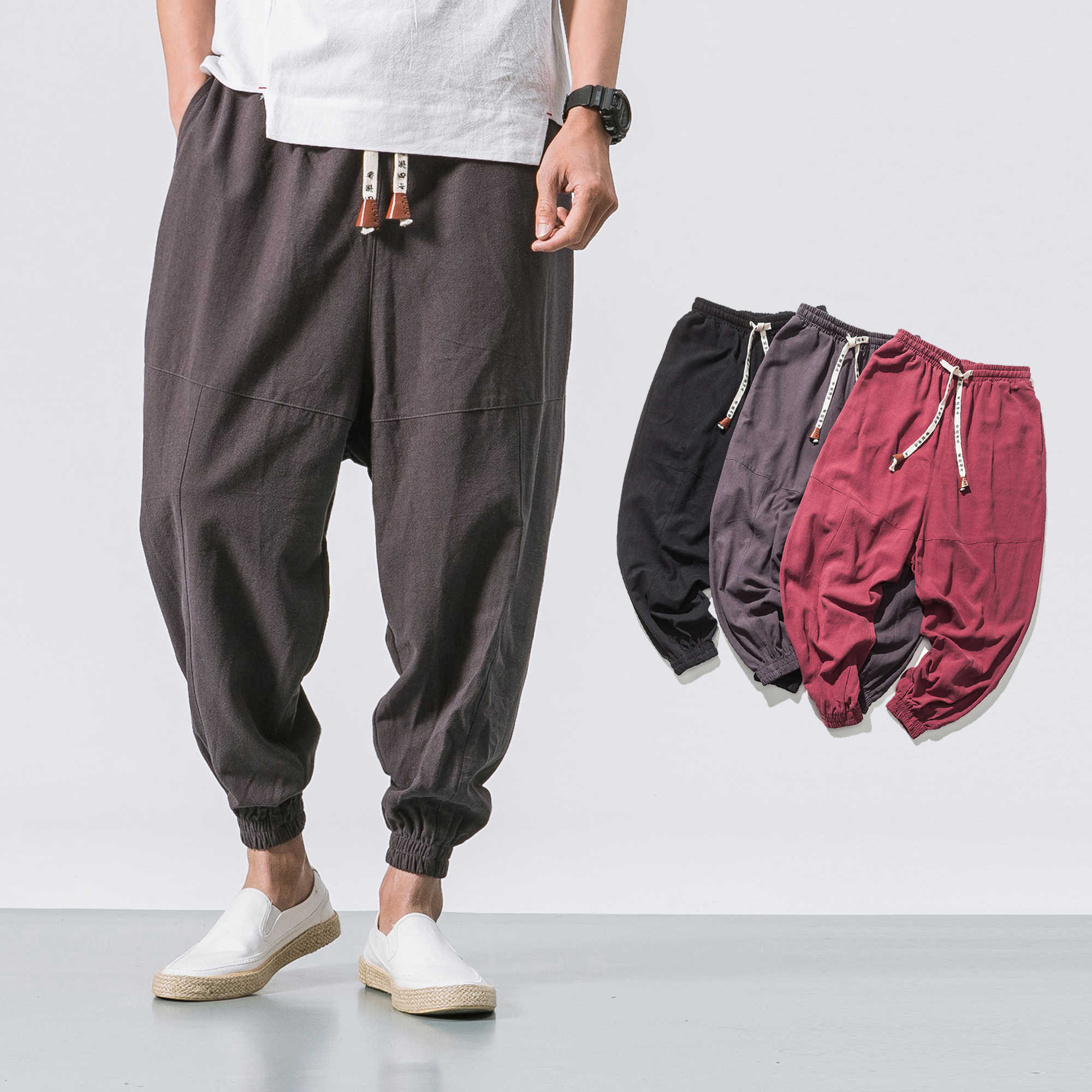 Black Pants Men Japanese Streetwear Cotton Linen Loose Trouser Fashion Male Elastic Waist Harem Pants 210601