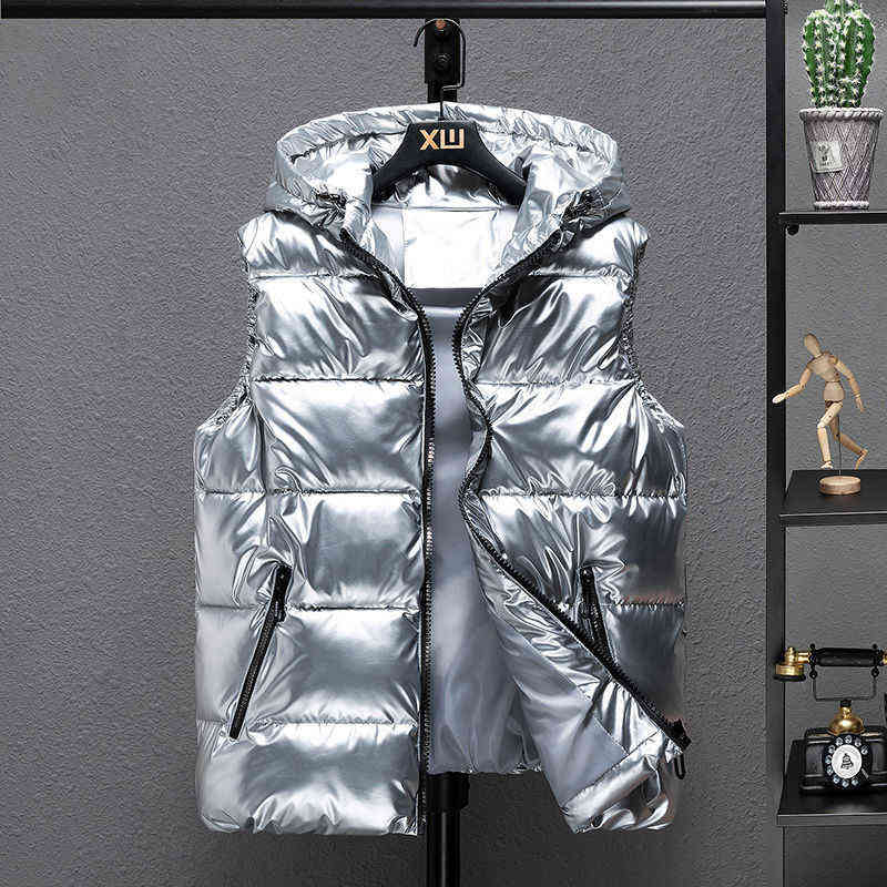Size 5XL 6XL Men Thicken Hooded Vest Winter Warm Cotton-Padded Solid Color Waistcoat Waterproof Windprrof Big Zipper 211105