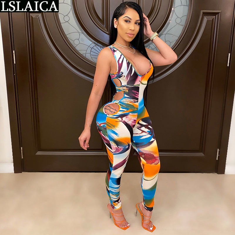 Jumpsuit For Women Sleeveless Side Hollow Out Sexy Tie Dye Plus Size Elegance Fashion Fitness Bodycon Bodysuit 210520