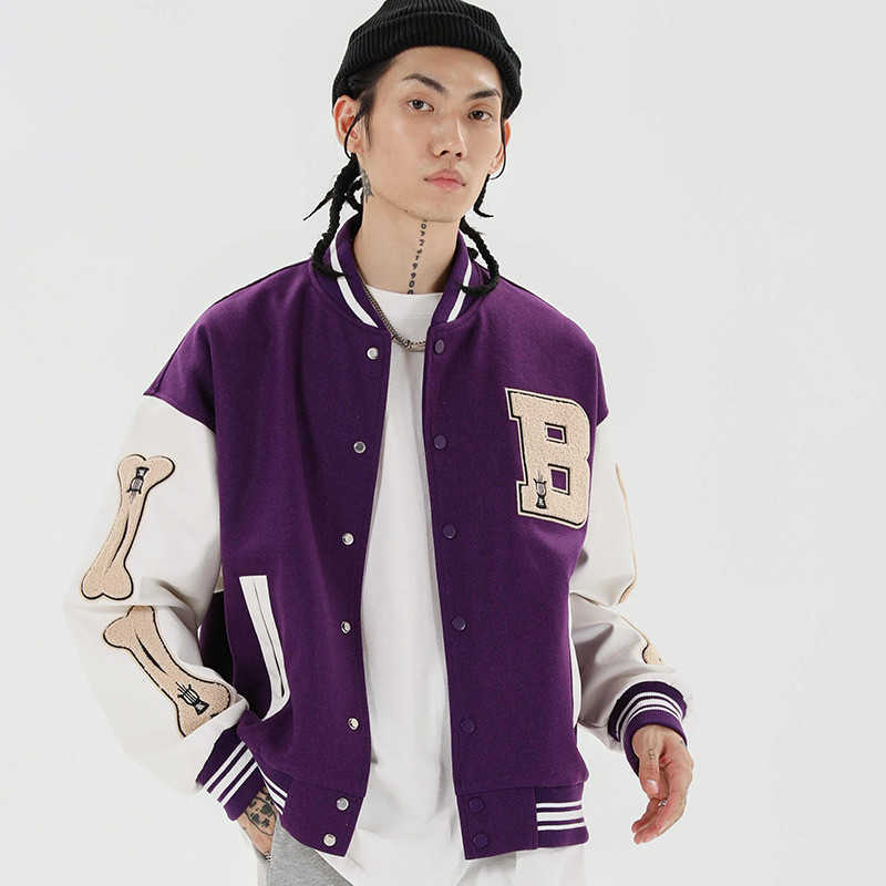 Hip Hop Baseball Jacket Men Furry Bone Letter Patch Color Leather Sleeve College Style Streetwear Harajuku Bomber Jacket Coat 210818