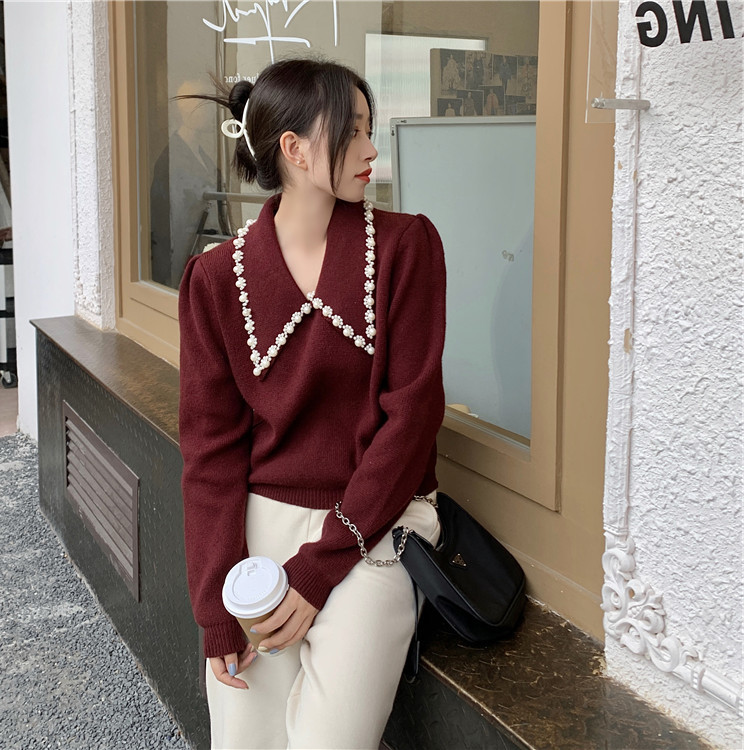 Vintage Sweater Women Sweet Peter Pan Collar Beading Office Lady Korean Fashion Elegant Casual Long Sleeve Chic Knitted Sweaters 210519