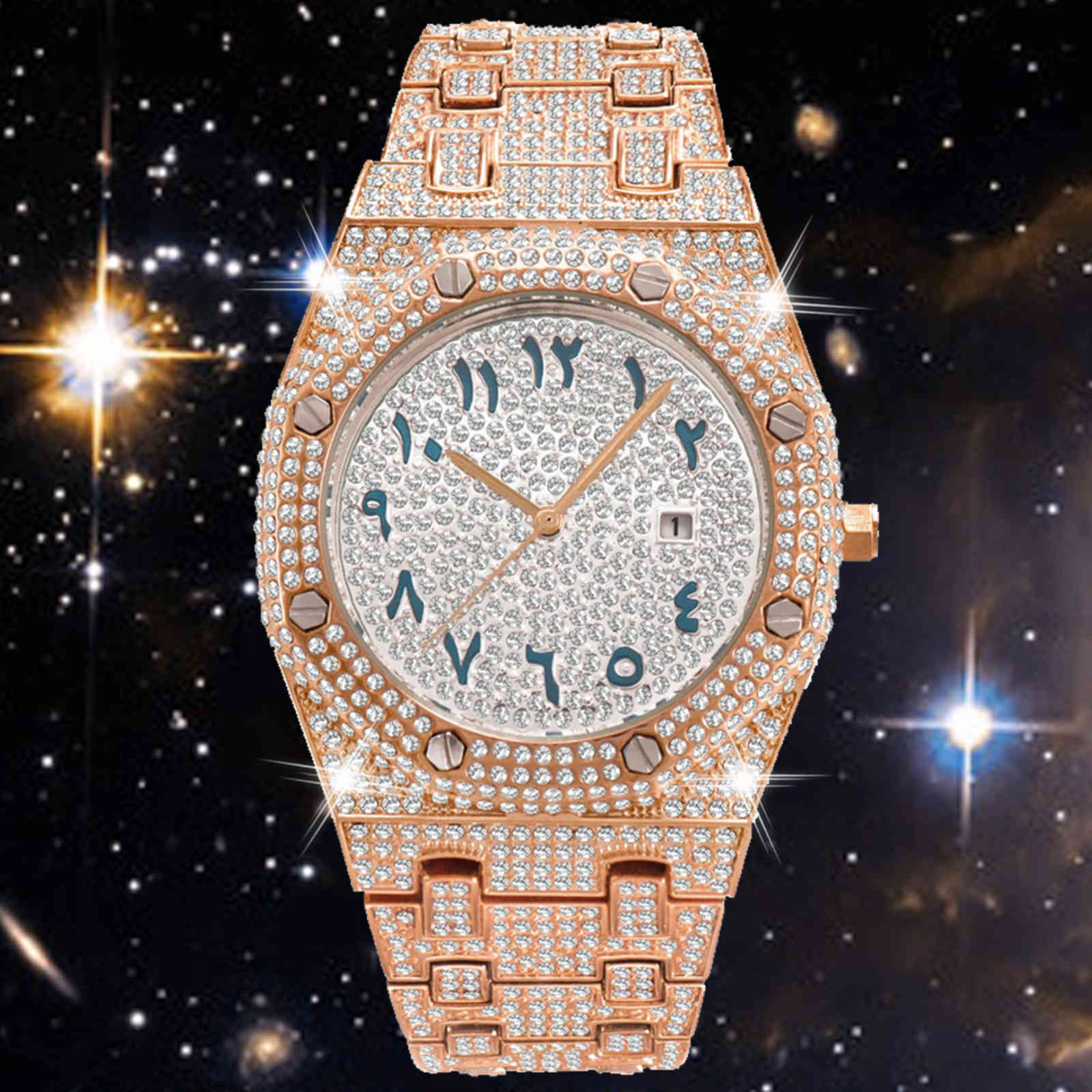 Stylish Classic Full Ice Out Diamond Watch for Men Arab Numerals Quartz Mens Watches Waterproof Luxury Rose Gold Montre Homme, Silver
Stylish Classic Full Ice Out Diamond Watch for Men Arab Numerals Quartz Mens Watches Waterproof Luxury Rose Gold Montre Homme, Silver