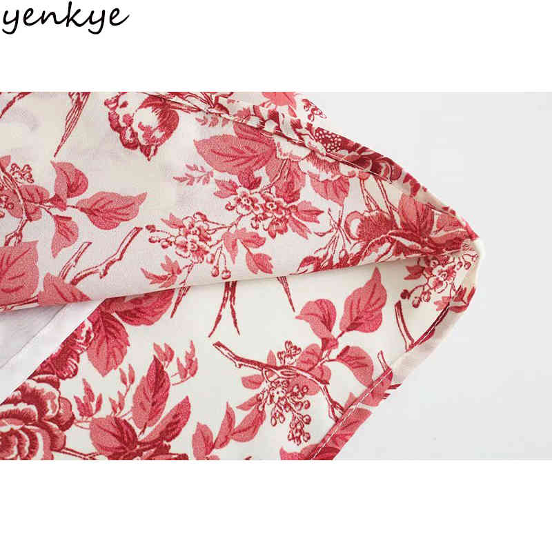 YENKYE Elegant Women V Neck Vintage Floral Print Dress Female Sexy Slits A-line Midi Summer Chiffon Dress Vestidos Mujer 210515