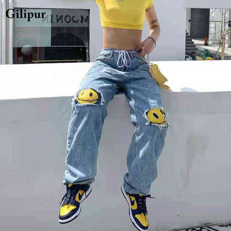 Printed Jeans Women Fashion Mom Baggy Straight Leg Pants Blue Loose Ripped Denim Trousers Long High Waist Streetwear 211129