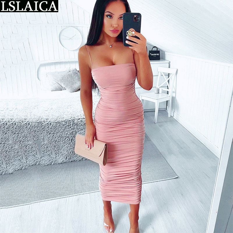 Fashion dress women high waist solid color Draped backless sexy spaghetti strap casual elegant wild party 210515