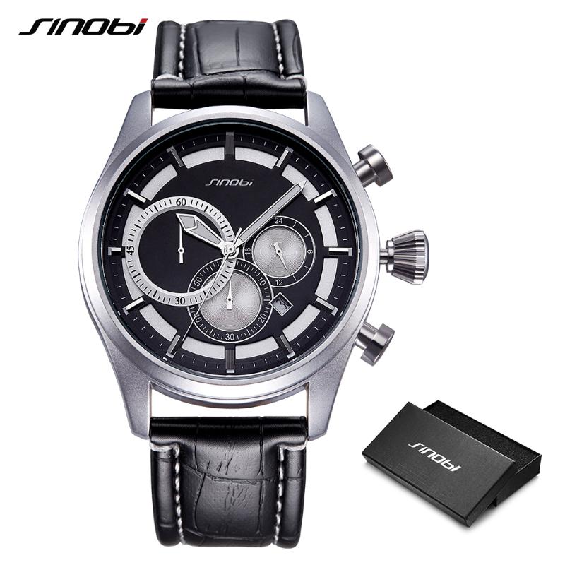 Relogio SINOBI Creative Watches Men Fashion Leather Strap Chronograph Male Big Dial Sports Quartz Analog Clock Wristwatches, White