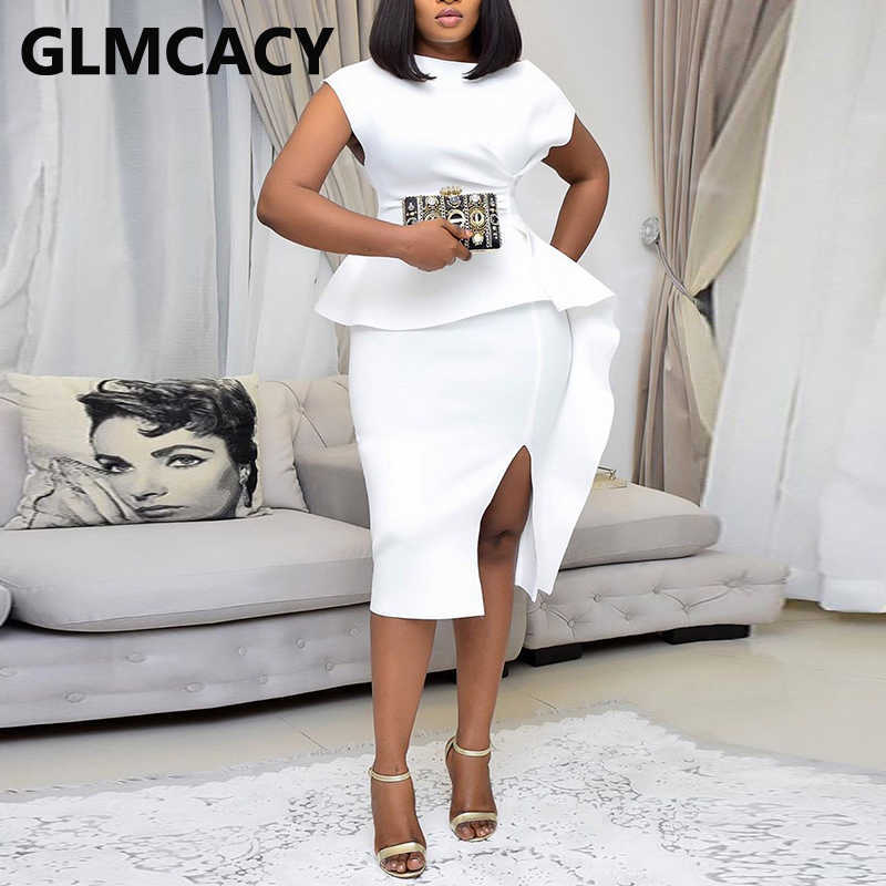 Women Short Sleeve Foam Dress Elegant Bodycon Slit Midi Dress 210702