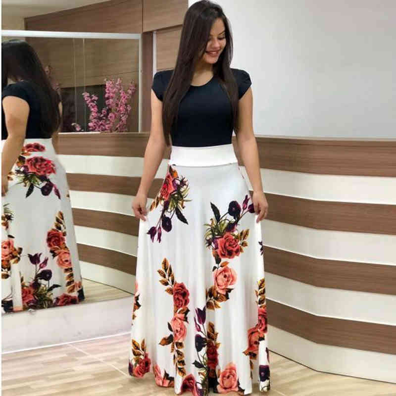 Vintage Floral Print Long Dress Women Summer Casual O Neck Short Sleeve Robe Elegant Ladies Tunic Maxi Plus Size S-5XL 210522