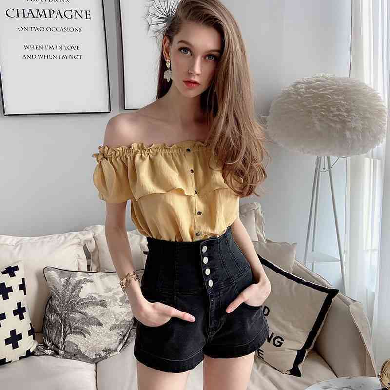 Dabuwawa Sweet Off Shoulder Chiffon Blouse Women Sexy Solid Ruffle Slash Neck Button Front Short Shirts Female DT1BCF002 210520