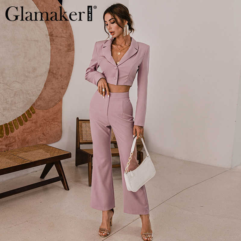 Glamaker Pink purple 2 piece suit sets Women sexy short blazer and flared pants Office lady set autumn female sets sexy outfits 211007