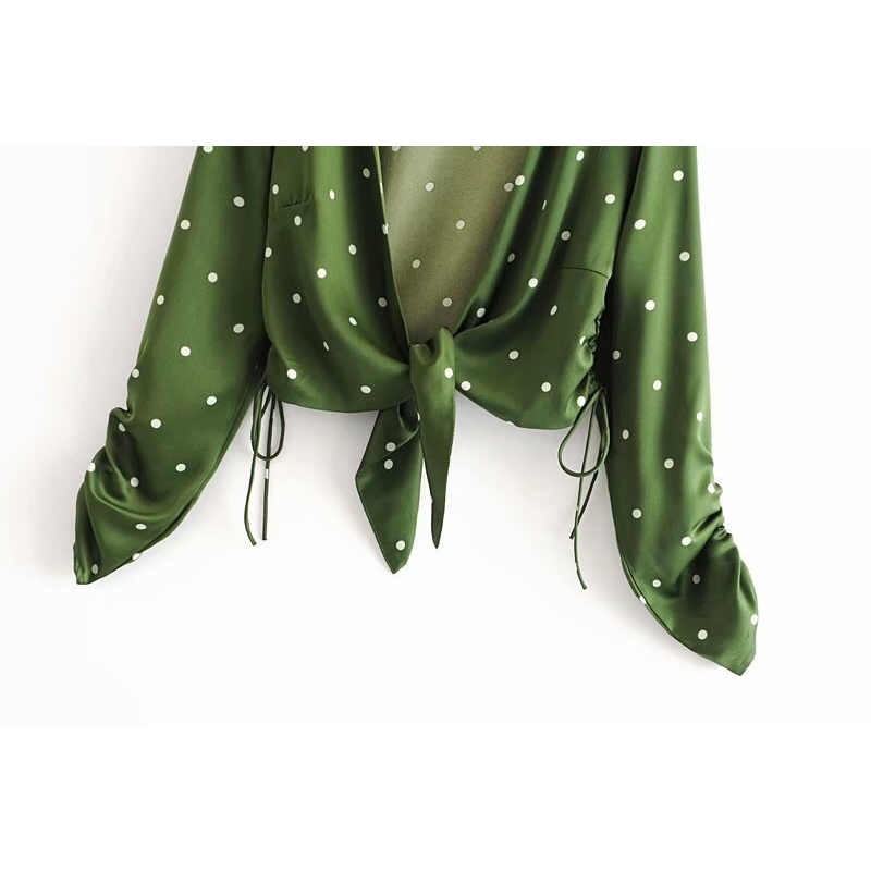 Sexy Green Color Polka Dot Print Women Cropped Shirt Batwing Sleeve V-Neck Lacing Up Bow Tide Cardigan Blouse Femme Blusas 210429