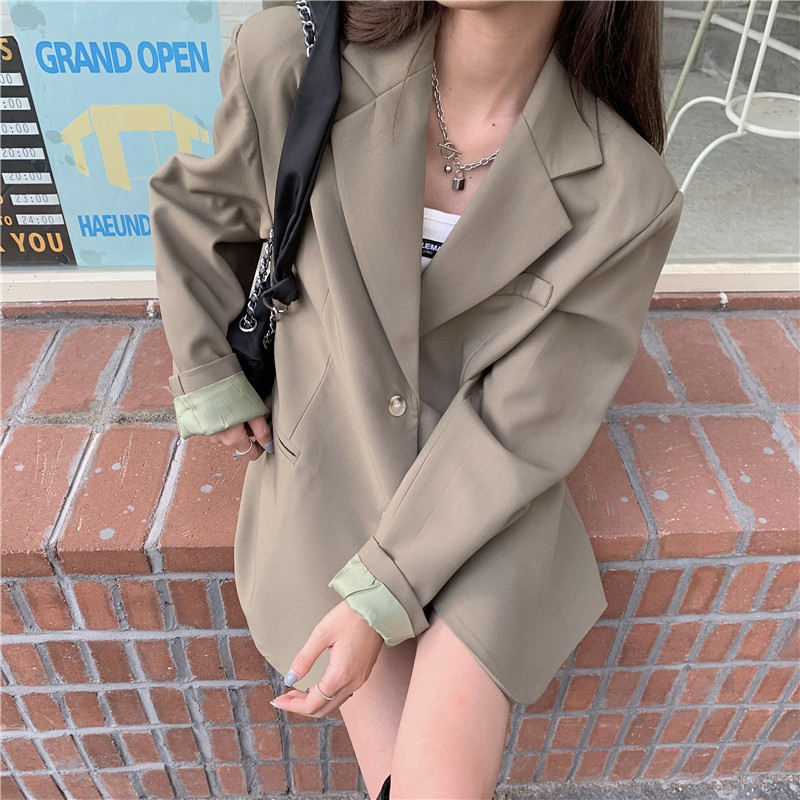 Spring Office Lady Streetwear Vintage Minimalist All Match Femme Loose Solid Jackets Casual Retro Blazers 210421
