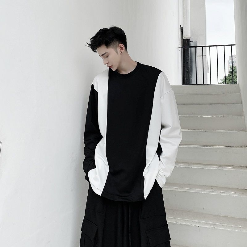 IEFB / men's wear classic black white contrast color stitching round collar t-shirs for male long sleeve oversize tops 9Y3899 210524