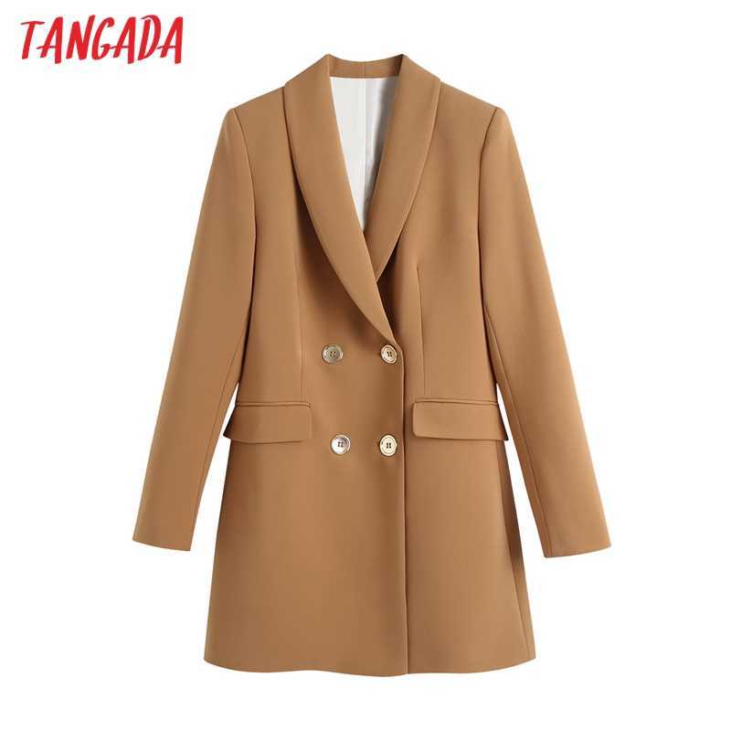 Tangada Women Fashion Solid Long Blazer Coat Vintage Double Breasted Sleeve Female Outerwear Chic Tops BE1 210930