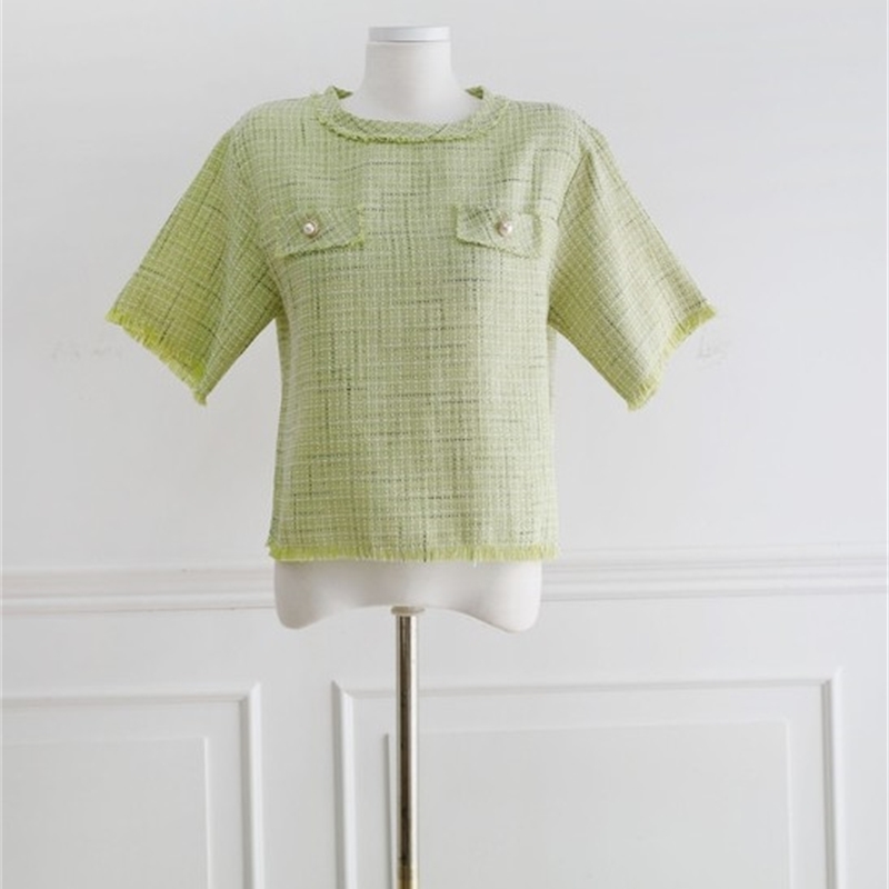 Fashion Women Thin Tweed Short Sleeve T-shirt Korea Summer Vintage Elegant Pullover Casual Top 210519