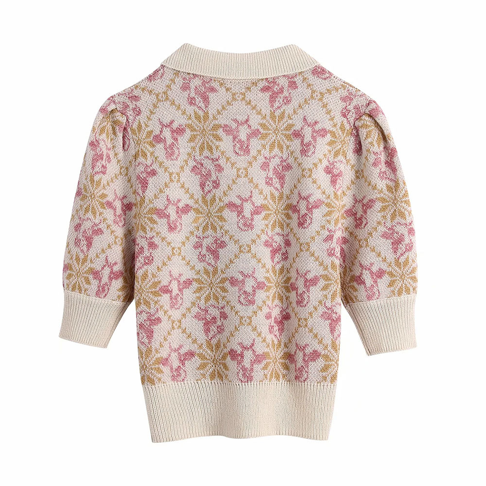 Women Animal Jacquard Sweater Button Decoration Short Sleeve Elegant Chic Ladies Knit Shirt Fashion Pullover Top 210520