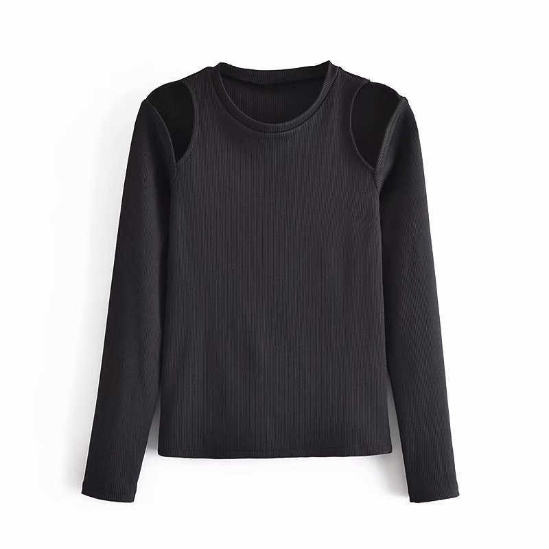 Women Cold Shoulder Ribbed T Shirt Za Long Sleeve Cut Out Vintage Black T Shirts Woman Fashion Slim Spring T-shirt Top 210602