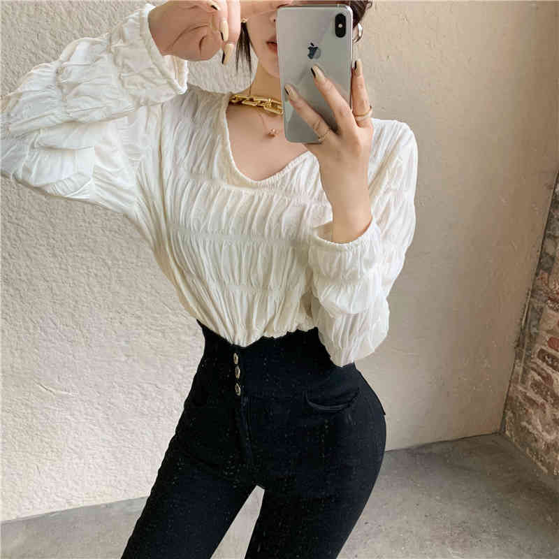 Korean Chic V-Neck Pleated Streetwear Gentle Loose Female Solid Basic All Match Brief Tops Arrival T-shirts 210421