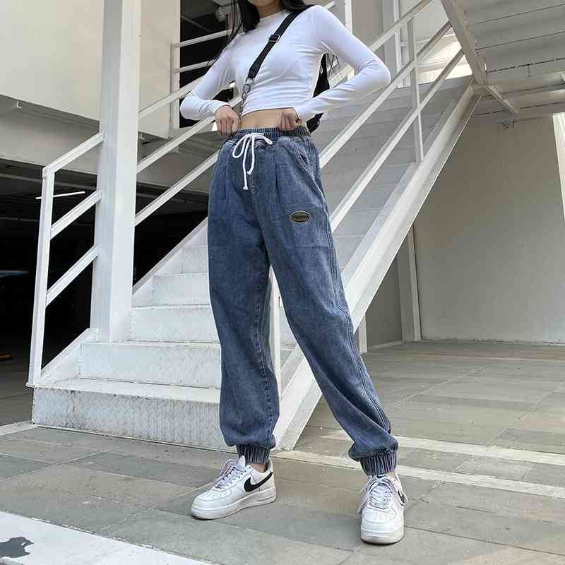 Spring jeans elastic bottom loose women long pants blue denim harem high waist female trousers 210524
Spring jeans elastic bottom loose women long pants blue denim harem high waist female trousers 210524