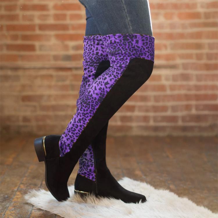 Elegant Women's Thigh High Boots - Round Toe, Comfortable Low Heels, Multiple Color Options Including Leopard