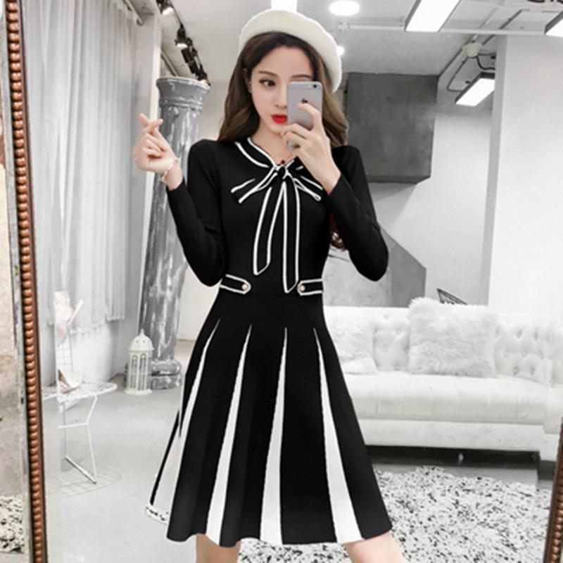 Runway Women Autumn Sweater Dresses Bow Knot Tie Up Long Sleeve Pullovers Knitted Dress Casual