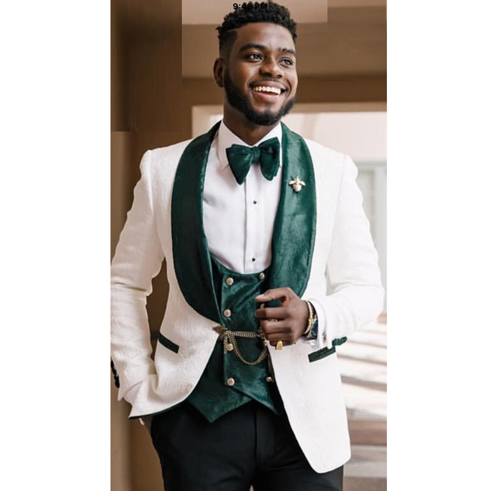 Handsome African Black Men Suits Wedding Tuxedos Green Shawl Lapel 3 Pieces Prom Party Blazer Outfit Groom Formal Wear (Jacket+Vest+pants) 2022