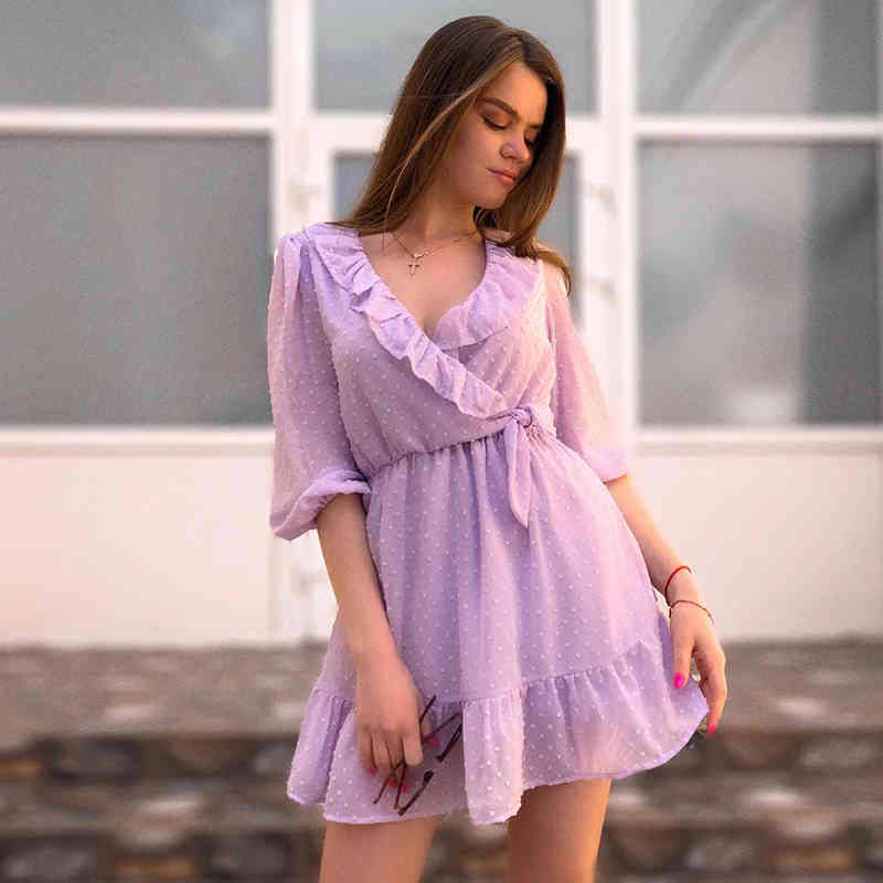 Foridol polka dot solid purple white dress v neck sheer sleeve dress autumn office lady casual mini dress ruffle vestidos 210415