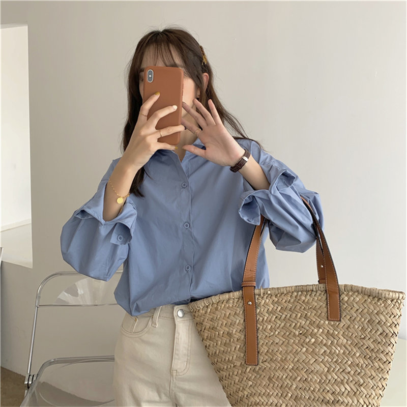 Solid Vintage Brief Office Lady Casual Streetwear Tops Retro Summer Chic Loose All Match Stylish Shirts Clothe 210421
