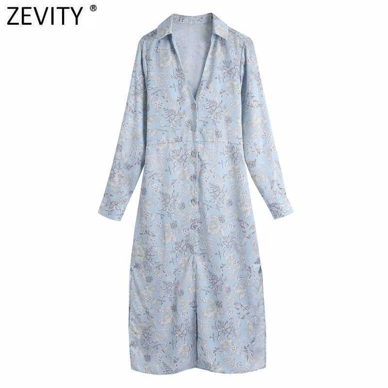 

Zevity Women Vintage Floral Print Bow Tied Sashes Midi Shirt Dress Female Chic Long Sleeve Casual Slim Breasted Vestidos DS8230 210603, As pic ds8230bb
