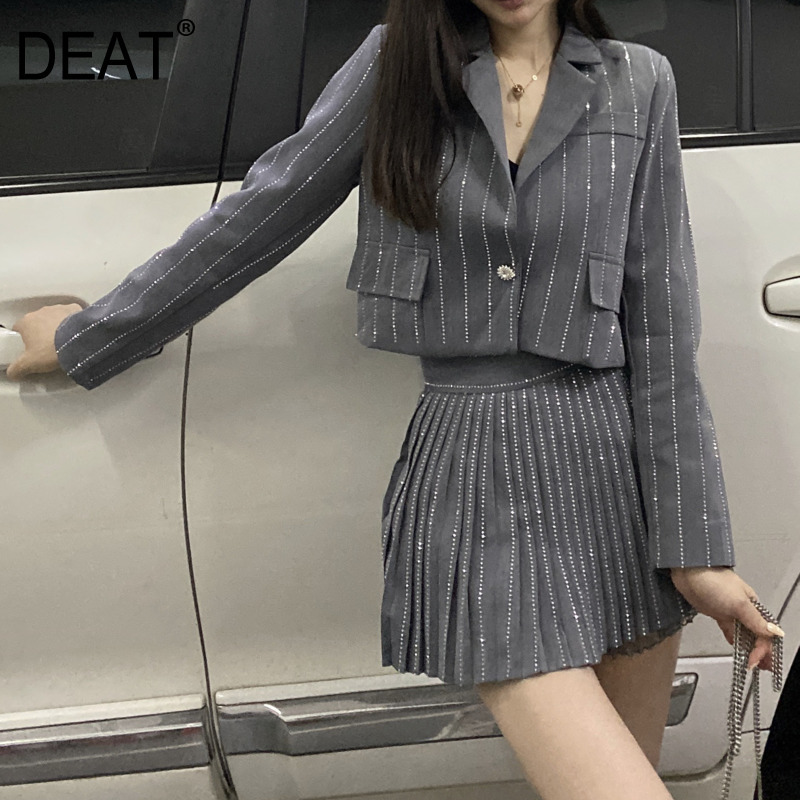 [DEAT] Single Button Gray Striped Top Hot Drilling Shorts Suit High Waist Pleated Trouser Skirt Y2k Clothes Spring GX327 210428