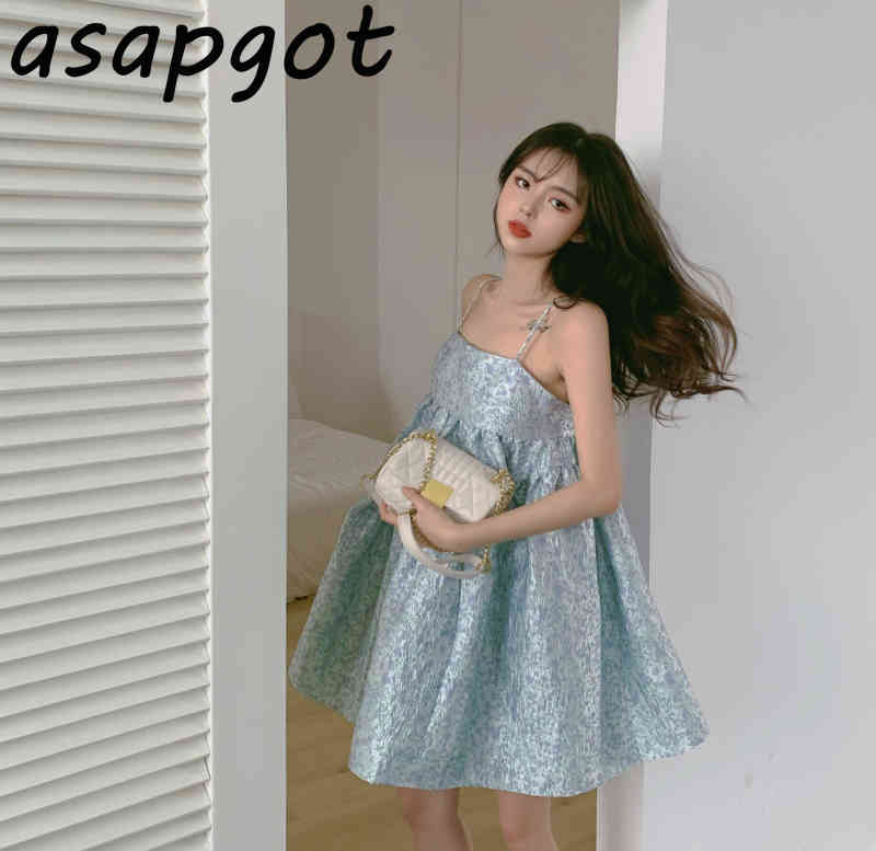 Dress Summer Fresh Sweet Retro Loose Girls Gentle Temperament Sexy Sleeveless Spaghetti Strap Mini Chic Vestidos Ball Gown 210429