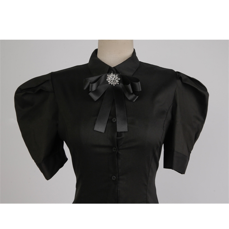 Fashion Elegant Women Solid Color Bowknot Lapel Puff Sleeve Mini Shirt Dress Office Lady Slim Waist Bodycon 210519